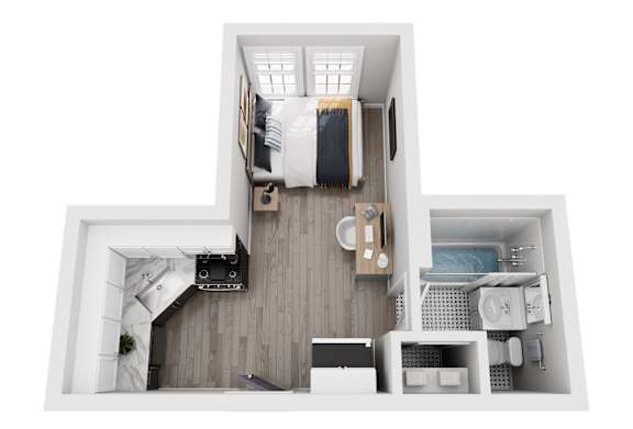 A top-down view of a small, neatly organized apartment with a bed, a desk, a kitchenette, and a bathroom.
