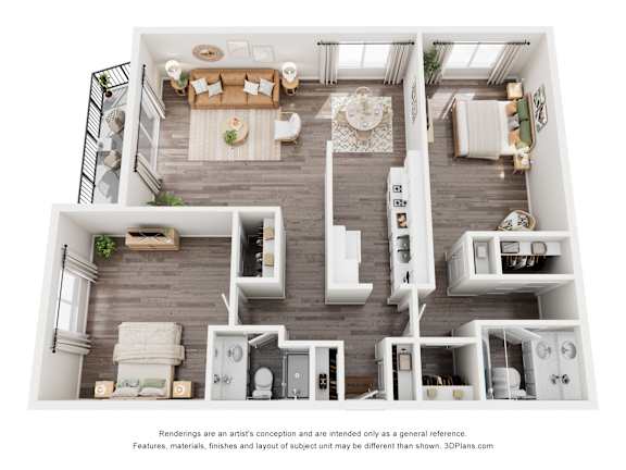 A 3D floor plan of a house with a living room, kitchen, and bathrooms.