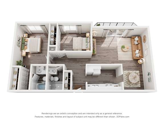 A 3D floor plan of a house with multiple rooms and furniture.