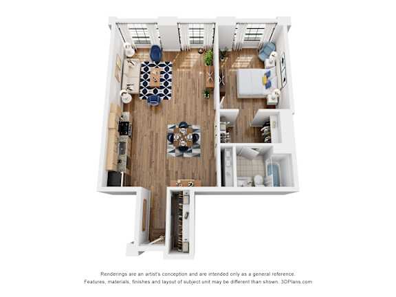 A 3D floor plan of an apartment with a kitchen, living room, and bathroom.
