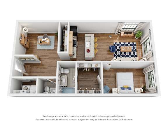 A 3D floor plan of an apartment with a kitchen, living room, and bathroom.