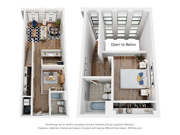 A 3D floor plan of an apartment with a kitchen, living room, and bathroom.