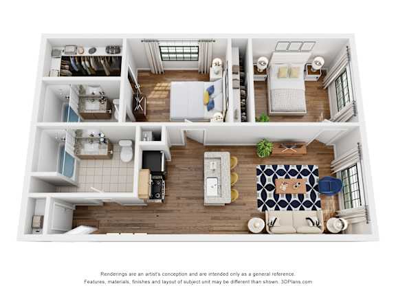 A 3D floor plan of an apartment showing a living room, kitchen, and two bedrooms.