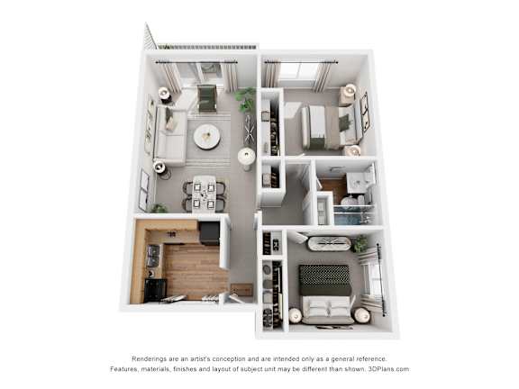A 3D floor plan of a small apartment with a kitchen, living room, and bathroom.