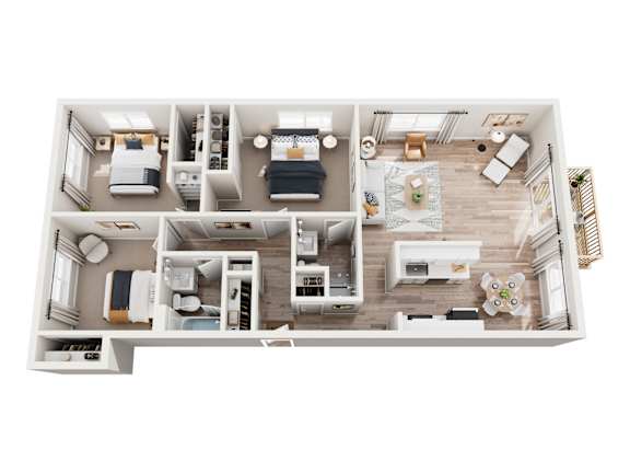 A top-down view of a well-organized apartment with a kitchen, living room, and bedrooms.