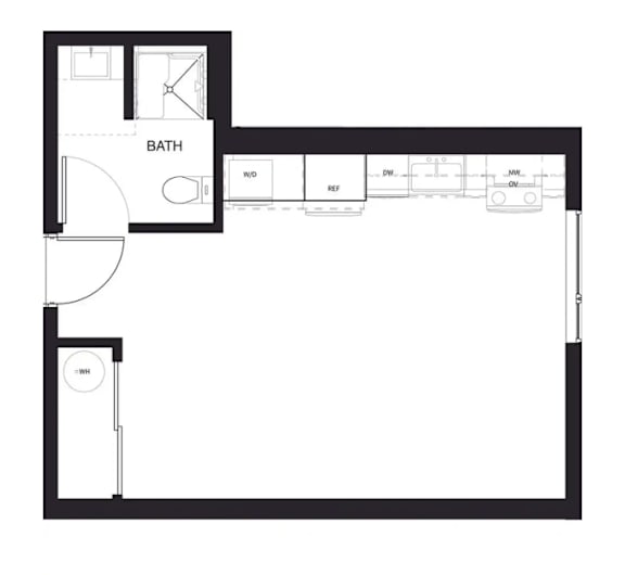 A floor plan of a room with a bath and a kitchen area.