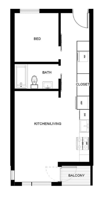 A floor plan of a small apartment with a bed, bathroom, kitchen/living area, closet, and balcony.