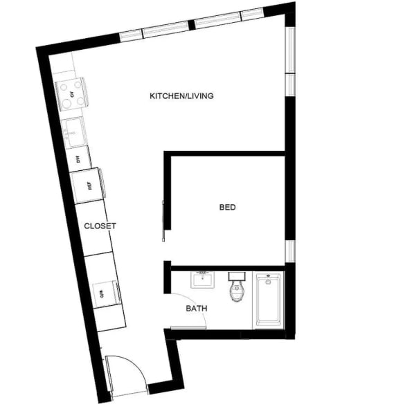 A black and white image of a floor plan for a small apartment with a kitchen, living room, bed, bathroom, and closet.