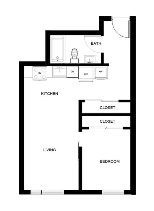 A black and white image of a floor plan for a small apartment.