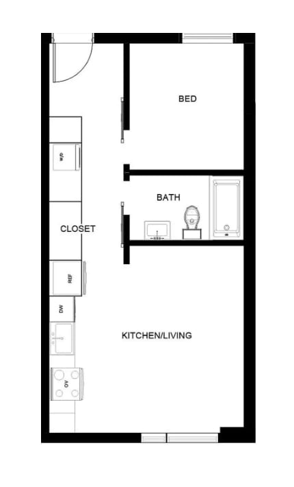 A floor plan of a small apartment with a bed, bathroom, kitchen/living area, and closet.