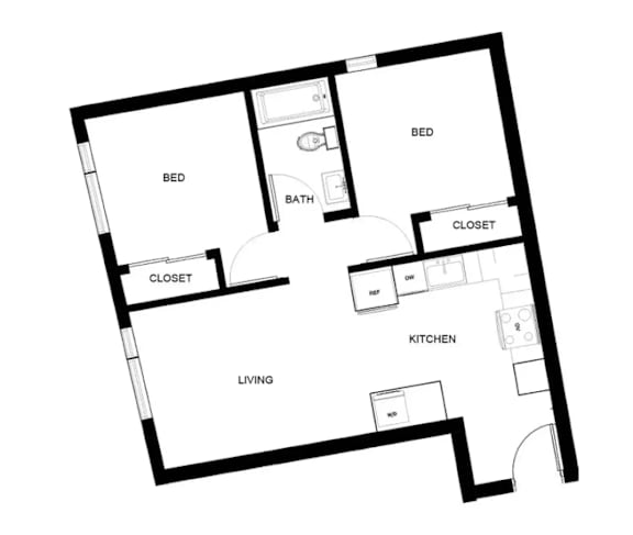 A black and white image of a house floor plan with a living room, kitchen, two bedrooms, a bathroom, and two closets.