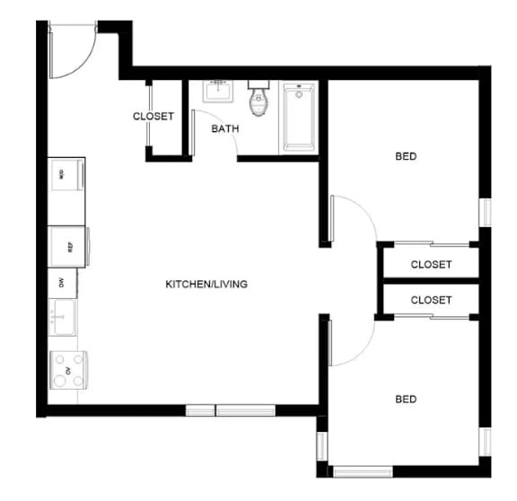 A black and white image of a floor plan for a small apartment.