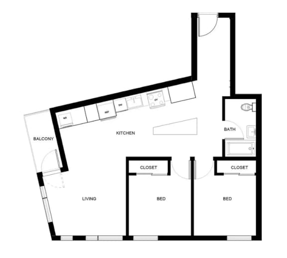 A black and white floor plan of a house with a balcony, kitchen, two bedrooms, two closets, and a bathroom.