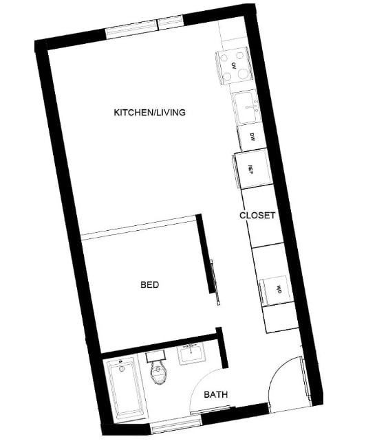 A floor plan of a small apartment with a kitchen, bed, bath, and closet.