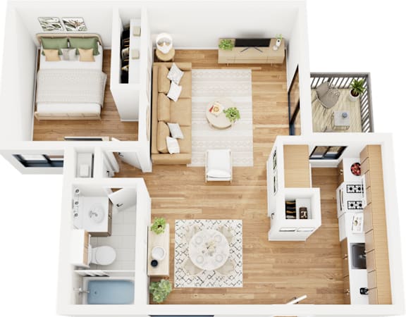 A top-down view of a small apartment with a kitchen, living room, and bathroom.