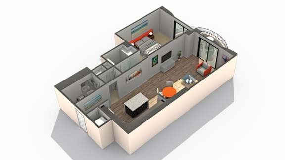A 3D rendered image of an apartment layout.