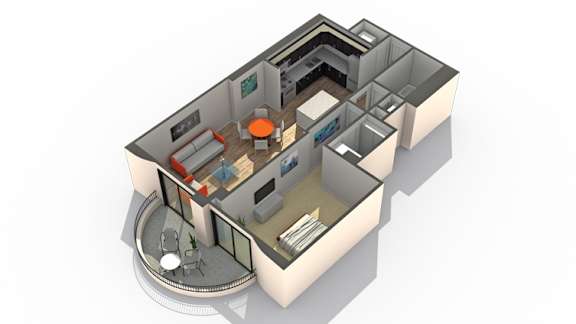 Floor Plan  A 3D floor plan of an apartment with a living room, kitchen, and bathroom.