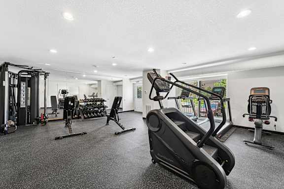 A black treadmill is in the foreground of a well-equipped gym.