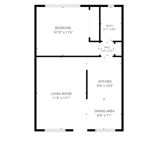 A floor plan of a house with a bedroom, bath, hall, kitchen, living room and dining area.