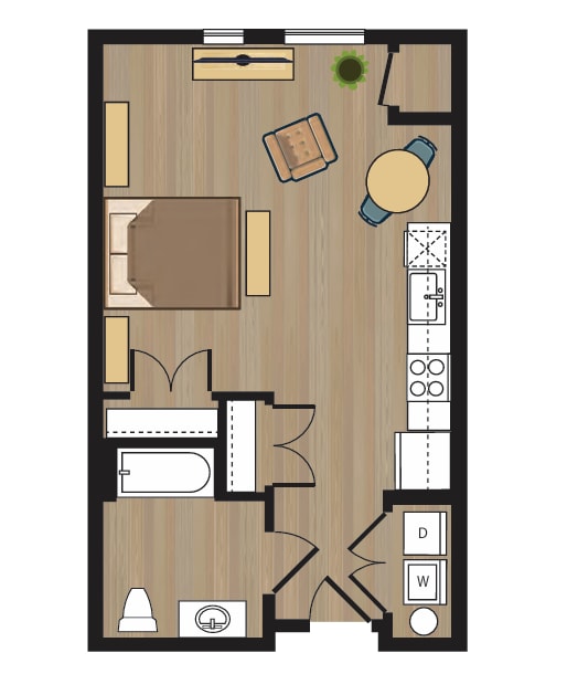 A floor plan of a room with furniture and appliances.