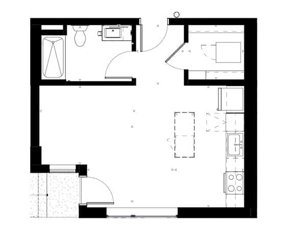 A black and white floor plan of a house with a kitchen, living room, and bathroom.