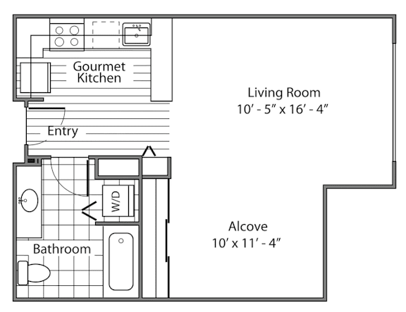 A floor plan of a small apartment with a living room, kitchen, bathroom, and alcove.