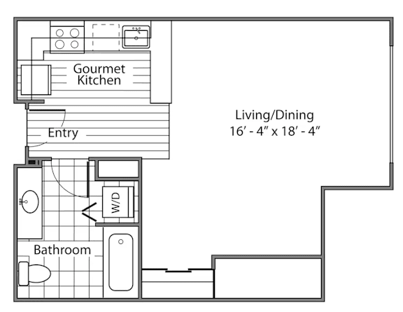 A floor plan of a small apartment with a living room, dining room, kitchen, bathroom, and a hallway.