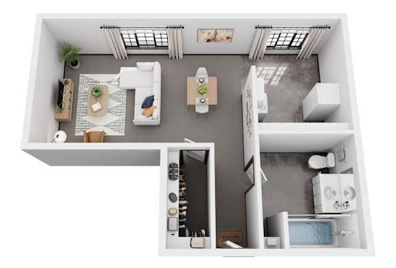 A top-down view of a small, modern kitchen and living room.