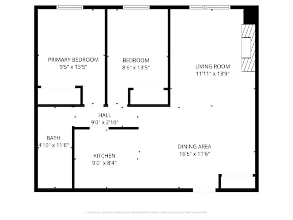 A floor plan for a home with a primary bedroom, bedroom, living room, hall, bath, kitchen, and dining area.