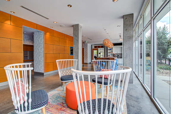 Clubhouse With Expansive Windows at Track 29 Apartments, Minnesota, 55408