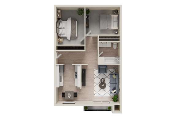 A top-down view of a small apartment with a bedroom, living room, and kitchen.