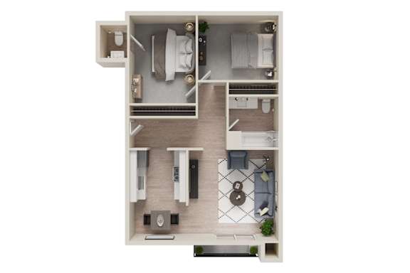 A top-down view of a small apartment with a kitchen, living room, and bathroom.