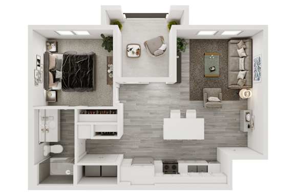 a floor plan of a bedroom with a bathroom and a living room