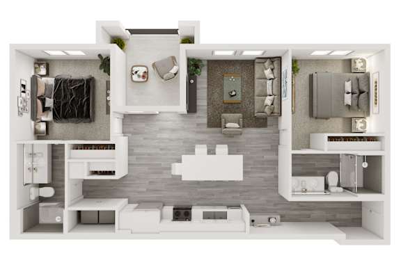 a 3d floor plan of a bedroom with a bathroom and a living room