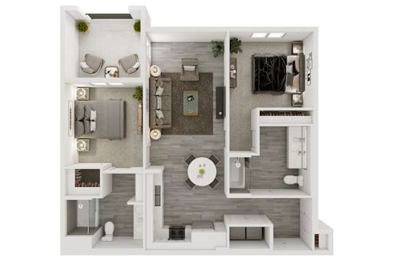 a 3d floor plan of a bedroom with a bathroom and a living room