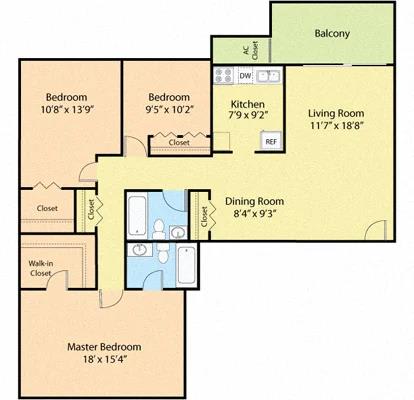 3 bed 2 bath floor plan at Briarwood Apartments, Dumfries, VA, 22026