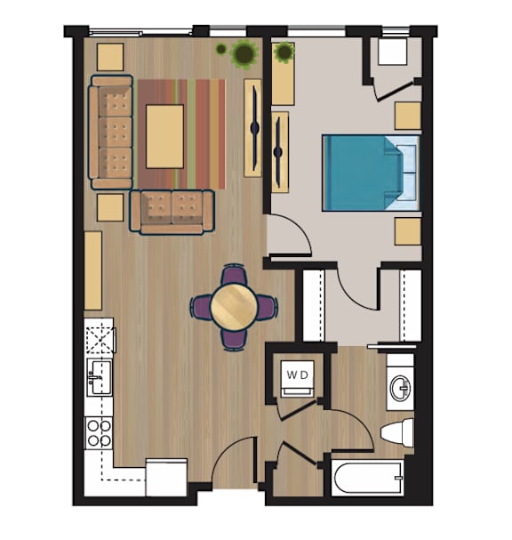 A floor plan of a house with a dining area, living room, kitchen, and bathroom.
