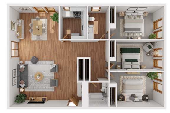 A top-down view of a modern apartment layout with a kitchen, living room, and bedroom.