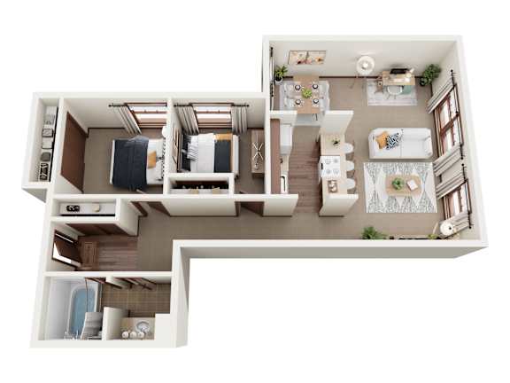 Floor Plan  A top-down view of a well-organized apartment with a kitchen, living room, and bathroom.