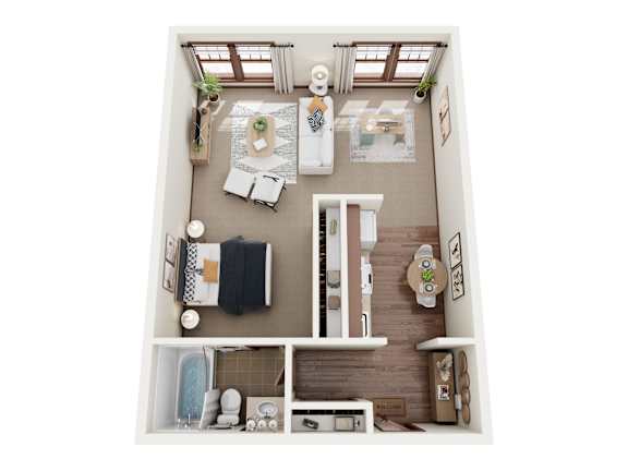 Floor Plan  A top-down view of a small apartment with a kitchen, living room, and bathroom.