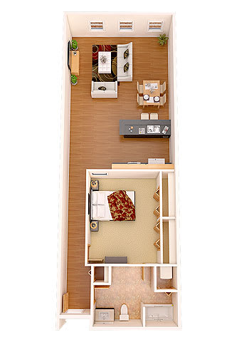 a small apartment with a bedroom and a living room at Boston Lofts, Milwaukee, Wisconsin