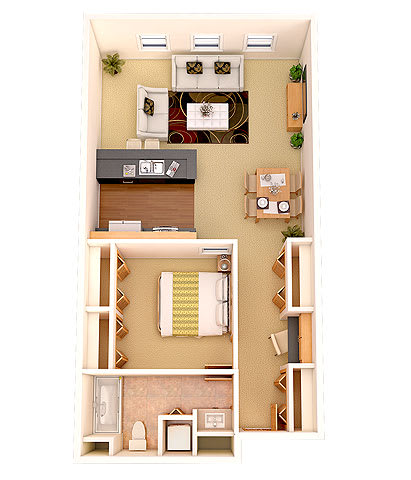 a room with a bed and a desk and a mirror at Boston Lofts, Milwaukee, WI