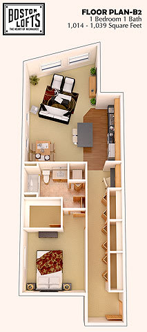 a small apartment with a bedroom and a living room at Boston Lofts, Milwaukee, 53203