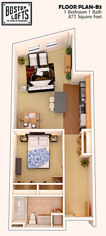 a room with a bed and a mirror in it at Boston Lofts, Milwaukee, WI, 53203