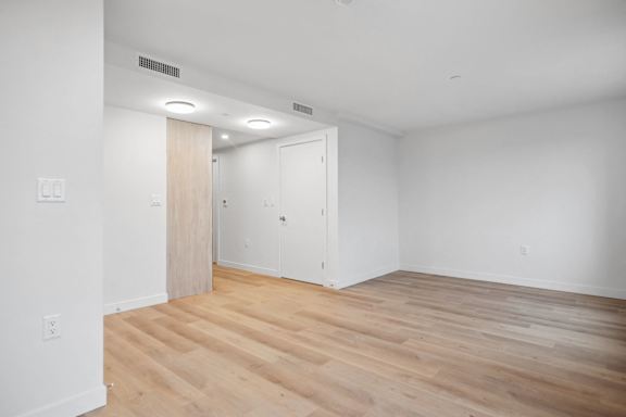 A room with a wooden floor and a white door.