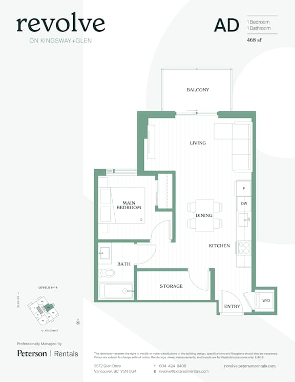 A floor plan for a one bedroom, one bathroom apartment.