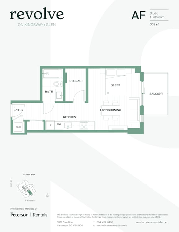 A floor plan for a studio apartment with a living room, kitchen, bathroom, sleeping area, and storage.