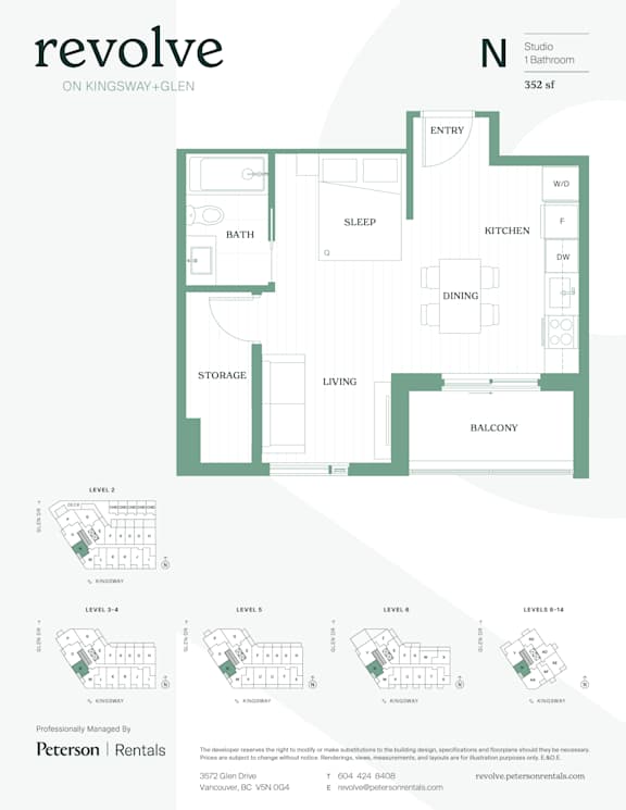 A floor plan for a studio apartment on Kingsway in Glen.
