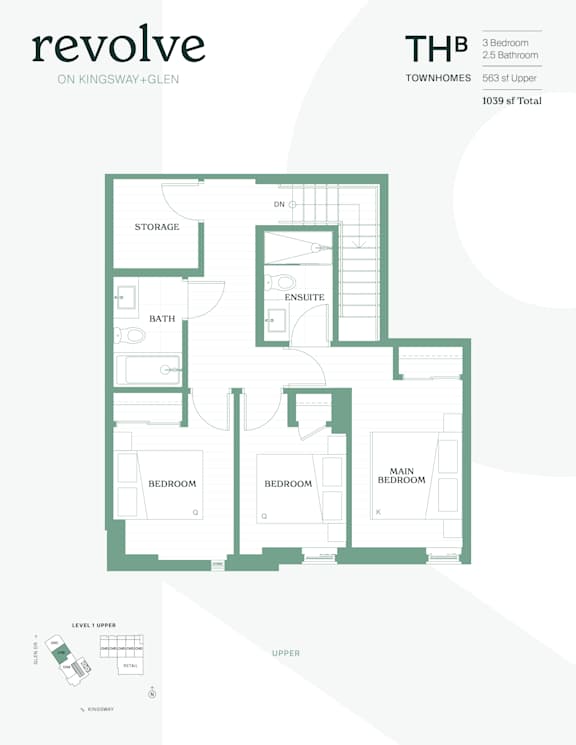 A floor plan for a THB apartment on Kingsway + Glen shows a 3 bedroom, 2.5 bathroom unit with a total of 1039 sq ft.