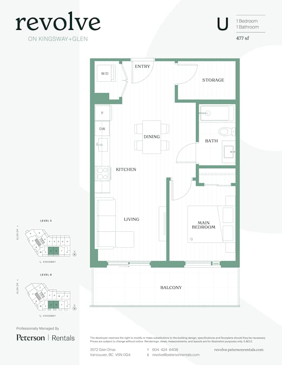 A floor plan for a one bedroom, one bathroom apartment on Kingsway and Glen.